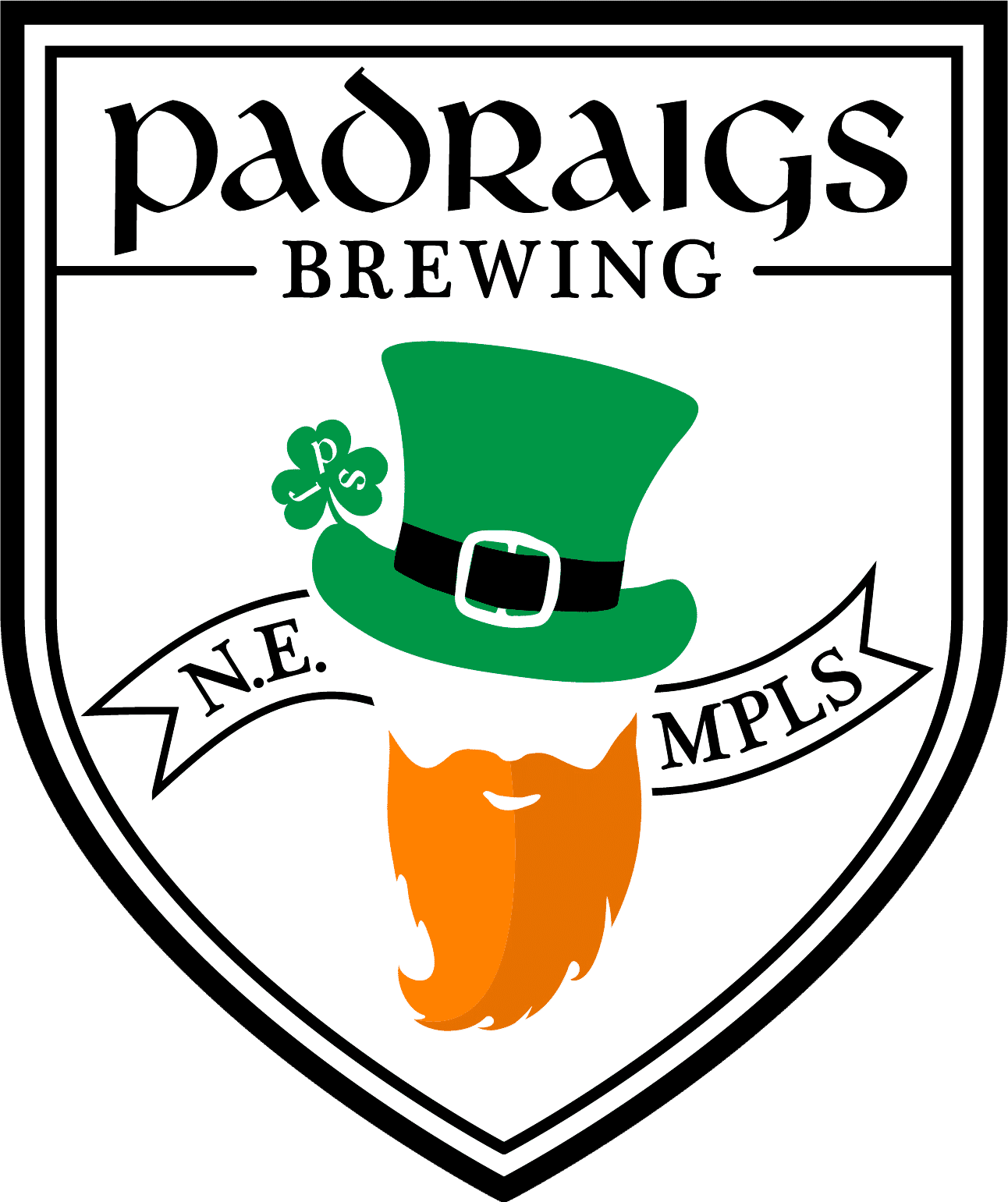 Thick black lines making a shield shape. On it, is a red beard with a mouth space and a green top hat with a black band and silver buckle with a shamrock on the brim, there's the suggestion of a head with no face in the negative space between the two. behind that is a banner that says 